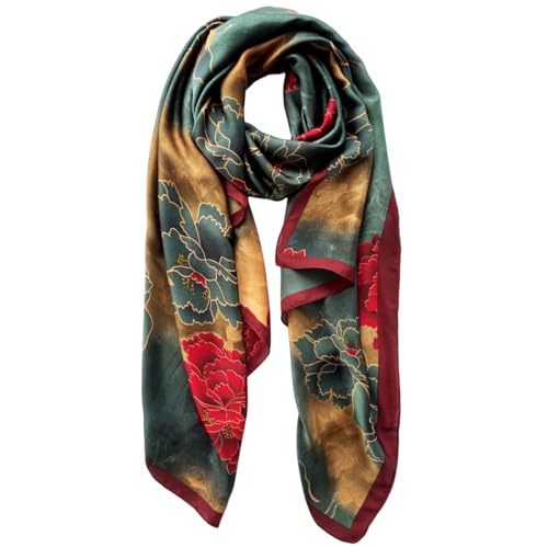 Long Silk Like Scarf Lightweight Satin Scarves Large Sunscreen Shawl Wrap for Women - color: 013.flowers Red and Blackish Green