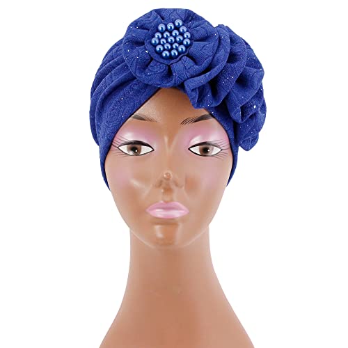 Erinaco Women Sparkle Sequin African Turban Bow Knot Pre-Tied Cap Pleated Ruffle Bonnet Beanie Hat Headwrap Skull Caps - color: Beaded Sapphire Blue