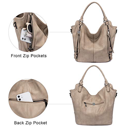 Tote Bag for Women PU Leather Shoulder Bags Fashion Hobo Bags Large Purse and Handbags with Adjustable Shoulder Strap - color: Khaki