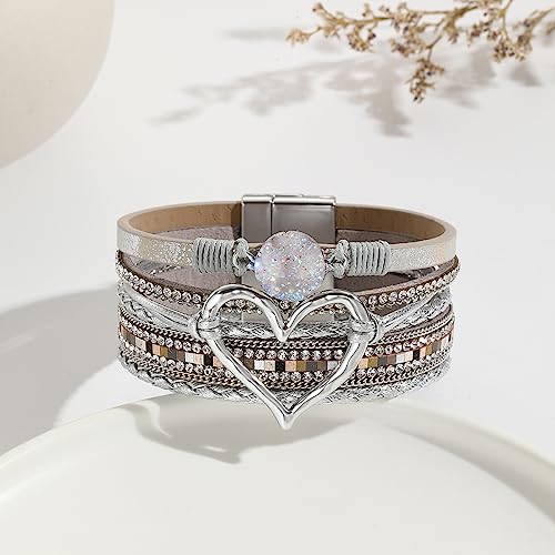 Womens Multi Layer Heart Leather Wrap Bracelet Boho Stackable Cuff Bangle Magnetic Clasp Crystal Birthday Valentine Gift - color: Silver