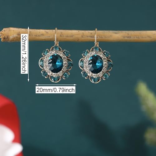 Handmade Bohemian Vintage Gold Sparkly Crystal Round Flower Leverback Earrings Cute Rhinestone Geometry Dangle Drop Earring for Women - color: Blue