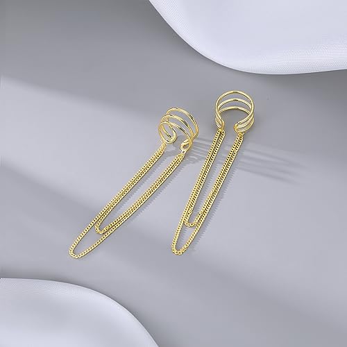 SLUYNZ 925 Sterling Silver No Piercing Cuff Earrings Chain for Women Wrap Earrings Tassel Clip On Ear - color: Gold Plated