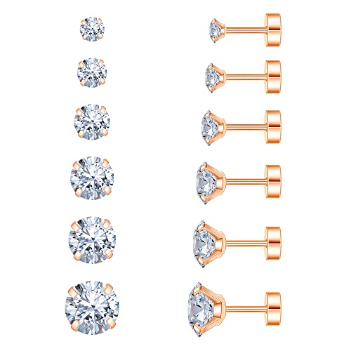 Flat Back Stud Earrings for Women - Hypoallergenic Surgical Steel Earrings with CZ Stones - 6 Pairs (18-20G) - color: Rose G, size: 20 G