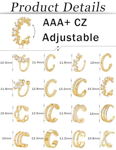 16Pcs Ear Cuff Earrings for Women Non Piercing Gold Silver Plated Ear Cuffs Non Pierced Clip on Cartilage Earring CZ Heart Flower Ears Wrap Fake Earrings Jewelry Set Lightweight Adjustable - color: Gold