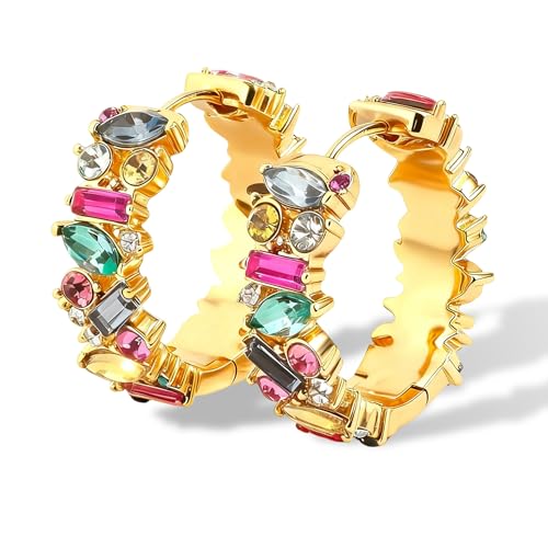 Colorful Hoop Earrings, Sparkly Crystal Cubic Zirconia Hoop Earrings for Women Hypoallergenic Small Hoop Earrings for Birthday Jewelry - color: Colorful