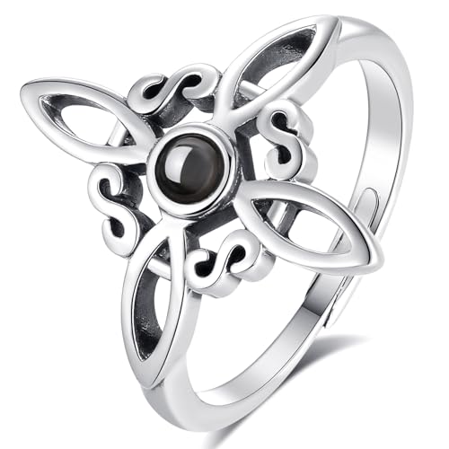 Vito 925 Sterling Silver Adjustable Open Spoon Ring for Women Men, Lotus Sunflower Snake Spoon Band Rings Feather Hug Witches Knot Inspirational Jewelry Gift for Wife - style: Witches Knot
