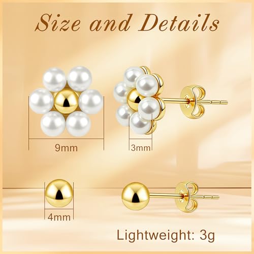 SmileBelle 2 Pairs Daisy Bow Gold Earrings Set for Women, Pearl Bow Earring for Women X Minimalist earrings Seashell Simple Dainty Earrings, Beach earring Gold Stud Earring for Women Trendy - style: Daisy earrings set