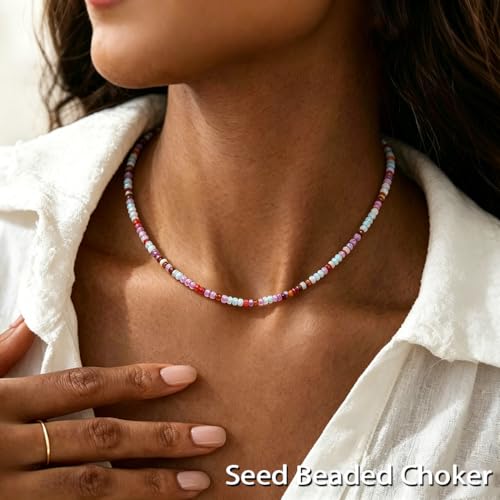 Tgirls Boho Choker Necklace Chain Rice Beaded Necklaces Seed Bead Necklace Accessory for Women - color: colorful 3