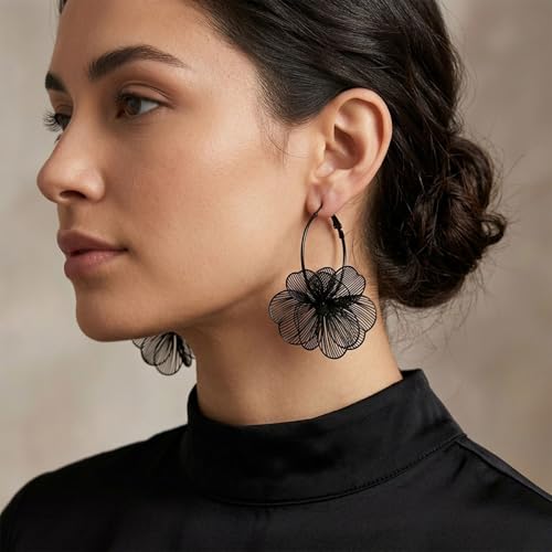 Gold Flower Statement Earrings for Women Boho Trendy Hoop Earrings Floral Dangle Petal Earring Prom Wedding Jewelry Gifts - color: A3:black