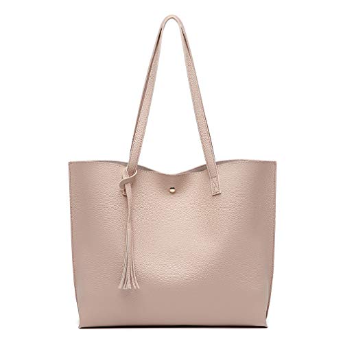 Dreubea Women's Soft Faux Leather Tote Shoulder Bag from, Big Capacity Tassel Handbag - color: Apricot Pink