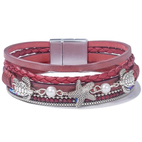 FANCY SHINY Turtle Starfish Leather Wrap Bracelet Boho Rhinestone Pearl Cuff Bracelets for Women Summer Beach Jewelry for Women - color: Burgundy