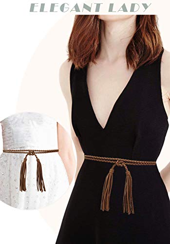 TeeYee Women Girls Braided Waist Tie Belt/Rope with Tassel Wrap Cloth Belts for Dress Pants - color: Tan, size: 63inch