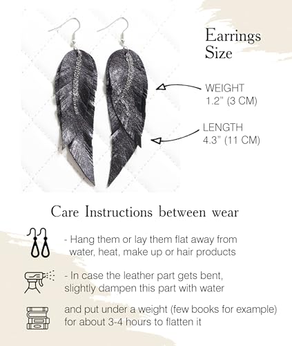 Black shiny Leather Feather Earrings for Women, Lightweight Minimal Boho Dangle Earrings, Small Simple Everyday Jewelry - color: Black metallic
