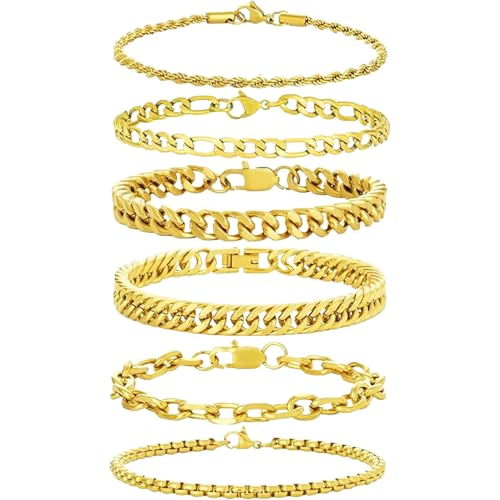 XIANNVXI 6pcs Bracelets for Men Gifts for Him Stainless Steel Bracelet Silver/Gold/Black Cuban Link Rope Paperclip Chain Bracelets Set 6.5/7/7.5/8.3/9 Inches Metal Bracelet Mens Fashion Accessories Jewelry Gifts Set - color: Gold, size: 6.5 in-Women X-Sma