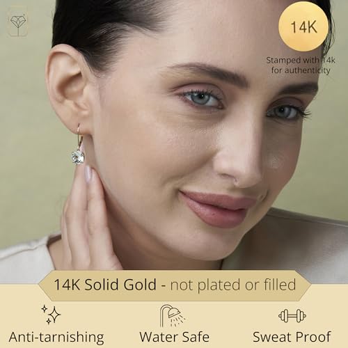 14k White or Yellow Gold Cushion Cut Gemstone Dangle Earrings for Women with 8mm Birthstones by MAX + STONE - color: Aquamarine