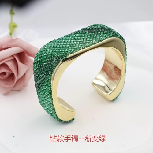 Women's Wide Cuff Bracelet Statement Jewelry with Sparkling Rhinestones, Open Adjustable Design for Party, Evening, Daily Wear - color: Green