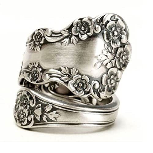 LRGKMCWTOB Retro Flower Ring 925 Sterling Silver Vintage Flower Stacking Band Ring Simple Thumb Statement Rings Victorian Flower Open Adjustable Boho Floral Statement Jewelry for Women (Size 7) - size: Size 7