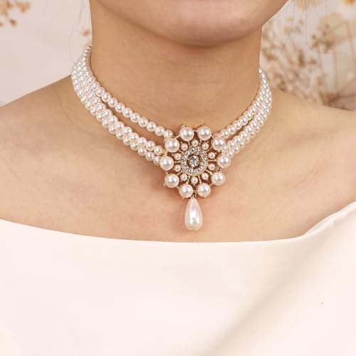 Bethynas Boho Layered Pearl Rhinestones Choker Necklace Vintage Chunky Pearl Crystal Pendant Short Necklace Chain Bridal Prom 1920s Costume Party Jewelry for Women - color: Pearl 5
