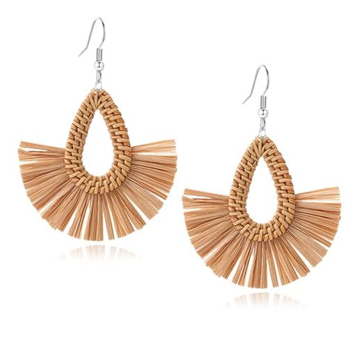 Boho Summer Beach Earrings for Women Lightweight Straw Wicker Earring Statement Raffia Fan Round Tassel Dangle Drop Earrings Hawaii Jewelry - style: Brown Teardrop
