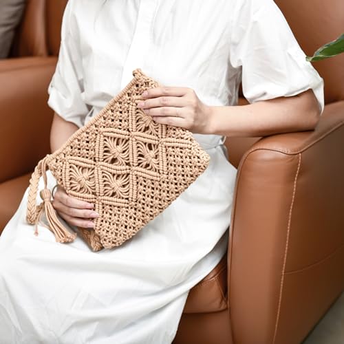 Eiyye Handmade Crochet Purse Boho Cotton Rope Crossbody Shoulder Bag with Tassel Casual Bag for Women - color: Light-brown