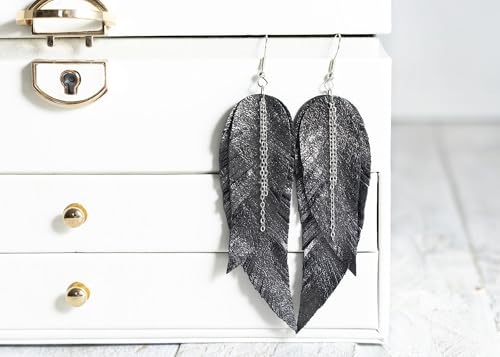 Black shiny Leather Feather Earrings for Women, Lightweight Minimal Boho Dangle Earrings, Small Simple Everyday Jewelry - color: Black metallic