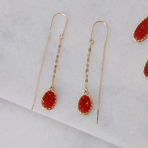 Simulated Druzy Threader Earrings for Women - Gold, Silver, or Rose Gold Tone Long Chain Earrings with Boho Created Geode Stone - color: Gold - Red Stone