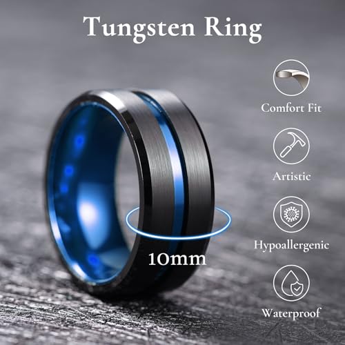 King Will Mens Tungsten Rings for Men Two Tone Grooved Mens Wedding Band Cool - color: Black & Blue 10mm
