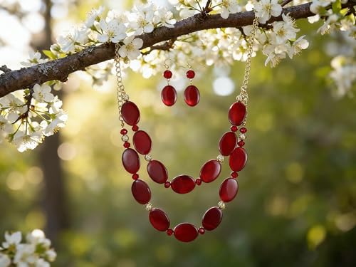 2 Layered Chunky Beaded Shell Necklace for Women Sea Shell blue/yellow/red/green/turquoise/teal/white Statement Necklace and Earring Set Elegant Women Necklace Set Jewelry Sets for Women - color: Burgundy