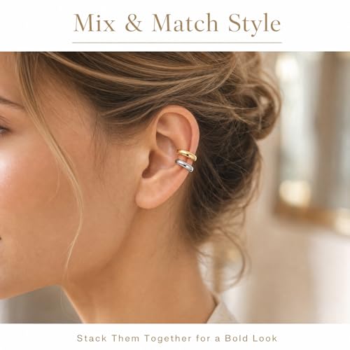 2 Pairs Ear Cuff Earrings for Women Chunky Gold Huggie Ear Cuff Silver Cartilage Cuff Earrings for Women Non Piercing Small Thick Round Fake Earring Cuff Trendy Jewelry Gift - style: Irregular Black+Silver