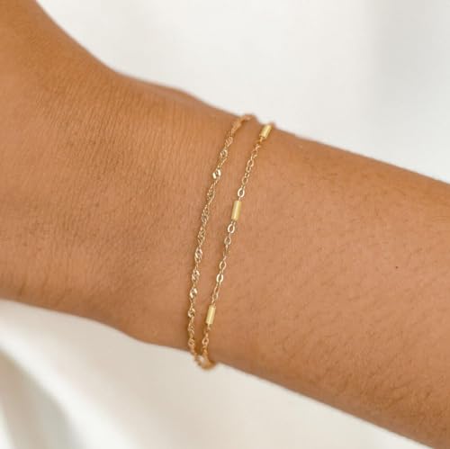 Dainty Bracelets for Women, 14k Gold Plated/Silver Layered Charms Bracelet Herringbone Satellite Beads Box Rope CZ Bracelet Adjustable Cuba Link Chain Bracelet Set Jewelry Gifts - color: 2Layered-Twisted rope-GD