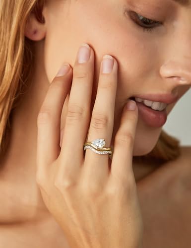 EAMTI 1.5CT Bridal Ring Sets Pear Cut CZ Promise Engagement Rings Curved Wedding Bands for Women Travel Ring Size 4-10 - color: Gold