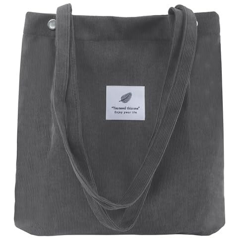 Corduroy Tote Bag for Women Small Canvas Shoulder Purse Cord Handy Bag with Inner Pocket | with Front Pocket - color: 02 Dark Grey