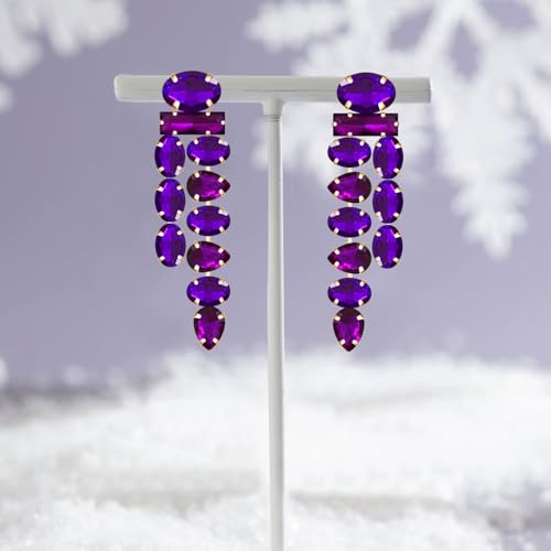 Boho Large Sparkly Rhinestones Teardrop Drop Dangle Earrings Long Tassel Full Crystals Chain Earrings for Women Wedding - style: Purple