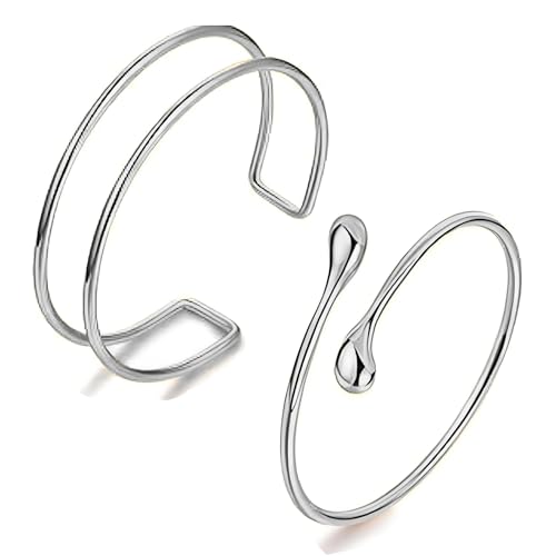 Silver Arm Cuff for Women Open Adjustable Armband Stackable Upper Arm Bracelet Bangle Minimalist Summer Beach Cuff Jewelry - color: Silver Arm Cuss AB