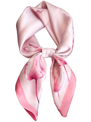 Silky Scarf for Women Lightweight Satin Bandanas Neck Hair Wrap For Sleeping Head Scarves 27.5" - color: A04 Pink Tulip/27.5"