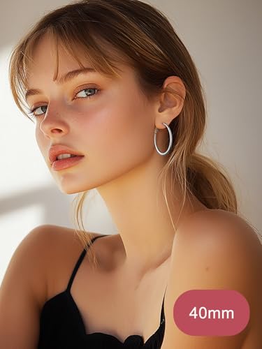 FOCALOOK 14K Gold Plated Lightweight Large Hoops| 2mm Thin Hoop Earrings for Women 30/40/50/70/100mm - color: 01.Silver, size: 40mm