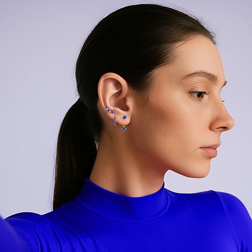 3 Pairs Dainty Small 4th of July Earrings for Women Trendy, Birthstone Stud Huggie Hoop Jacket Stack for Cartilage Helix, Gold Plated Hypoallergenic Cute Women Fashion Accessories Western Jewelry Gifts - color: 09Blue Created Sapphire-Sept (Gold)