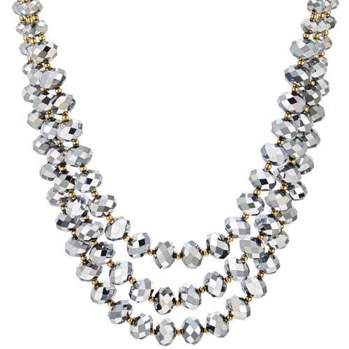 COOLSTEELANDBEYOND Crystal Beads Statement Necklace, Three-strand Layered Necklace, Waterfall - color: E-Color: Silver Grey & Gold
