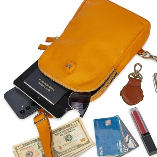 Leather Sling Bag for Women Genuine Crossbody Purse Small Trendy Cross Over Chest with Phone and Credit Card Slots (Mustard Nappa) - color: Mustard Nappa