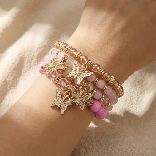 Bohemian Bracelet Sets for Women - 4-Pack Stackable Stretch Bead Bracelets with Black＆White Crystal & Gold Accessories, Multi-Layer Boho Jewelry - color: pink butterfly