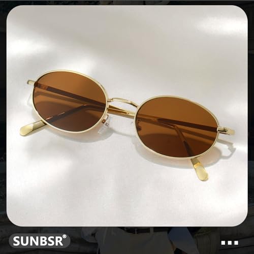 Retro Oval Sunglasses for Women Men 90s Trendy Small Round Gold Sun Glasses Fashion Narrow Metal Frame Shades - color: A2 Gold/Brown