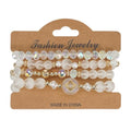 Boho Beaded Bracelet Set for Women - 4 Pcs Multilayer Stackable Crystal Glass Bead Bracelets with Faux Pearl Elastic Stretch Fashion Jewelry for Daily Wear, Beach, Party & Gifts - color: White