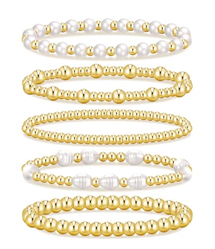 Gold Beaded Bracelets for Women, 14K Real Gold Plated Jewelry for Women Dainty Pearl Bead Bracelets Stack, Non Tarnish Trendy Stackable Ball Cross Stretch Bracelet Set Fashion Accessories Gifts - color: 5 PCS Gold pearl