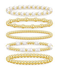 Gold Beaded Bracelets for Women, 14K Real Gold Plated Jewelry for Women Dainty Pearl Bead Bracelets Stack, Non Tarnish Trendy Stackable Ball Cross Stretch Bracelet Set Fashion Accessories Gifts - color: 5 PCS Gold pearl