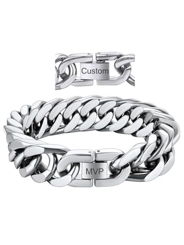 ChainsHouse Stainless Steel Cuban Link Bracelet, 8mm/12mm/17mm Width, 7.5"/8.3"/9", 18K Gold Plated Chain Wrist Bracelets for Men Women, Send Gift Box - color: R: Steel-17mm width-custom