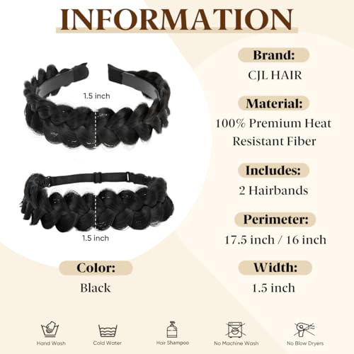 CJL HAIR 2PCs Braided Headbands Hair Piece for Women Synthetic Hair Hoops Head Bands Handmade Braid Hairband Accessories Elastic Stretch Headwrap Black - color: 2PCS-Black