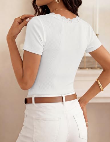 ZESICA Womens Summer 2026 Short Sleeve Trendy Lace V Neck Tops Fitted Cute Shirts Dressy Casual Blouses Y2k Going Out Outfits - color: White, size: Small