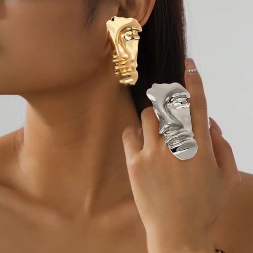 Dtja Vintage Human Half Face Statement Ring for Women Men Gold Plated Adjustable Expandable Large Wide Open Wrap Band Rings Comfort Fit Creative Artistic Birthday Graduation BFF Gift - color: Silver