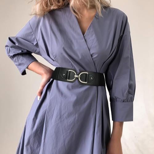 Wide Belts for Women Fashion Elastic Belt for Dresses Vintage Waist Belt Ladies Stretchy Belt Gold Buckle - color: Black(silver), size: Fit Waist Size 40"-43"