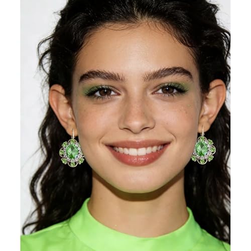Handmade Bohemian Vintage Gold Sparkly Crystal Round Flower Leverback Earrings Cute Rhinestone Geometry Dangle Drop Earring for Women - color: Grass Green
